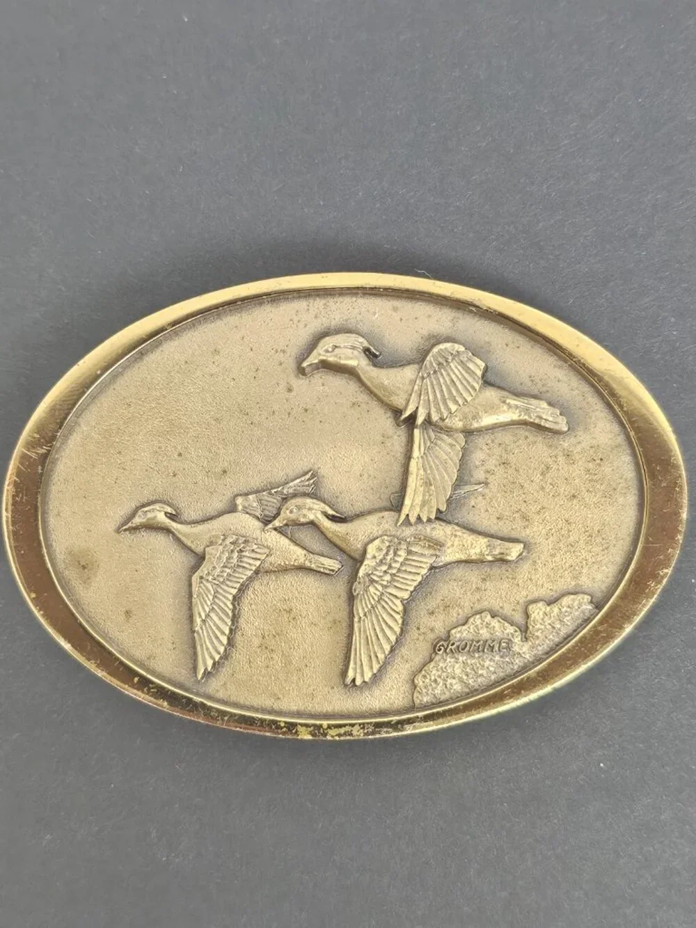 Owen Gromme Designed Three Wood Ducks Over Marsh 1980's Brass Tone Belt Buckle